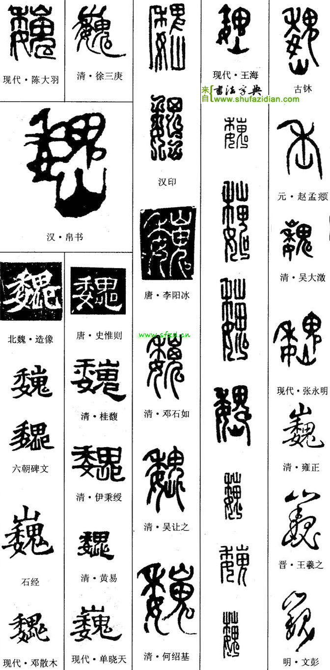 从嵬委声.牛威切 古文字里的"魏"写作"巍,有"山.